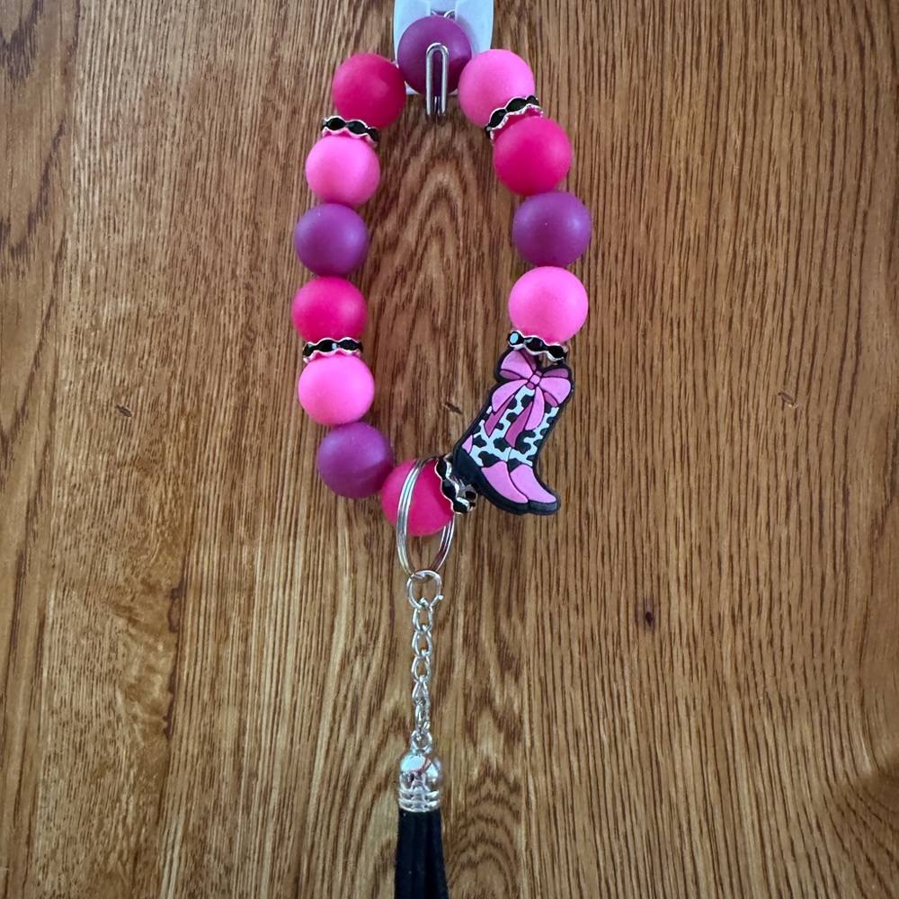 Pink and Purple Beaded Bracelet Keychain with Boot Charm